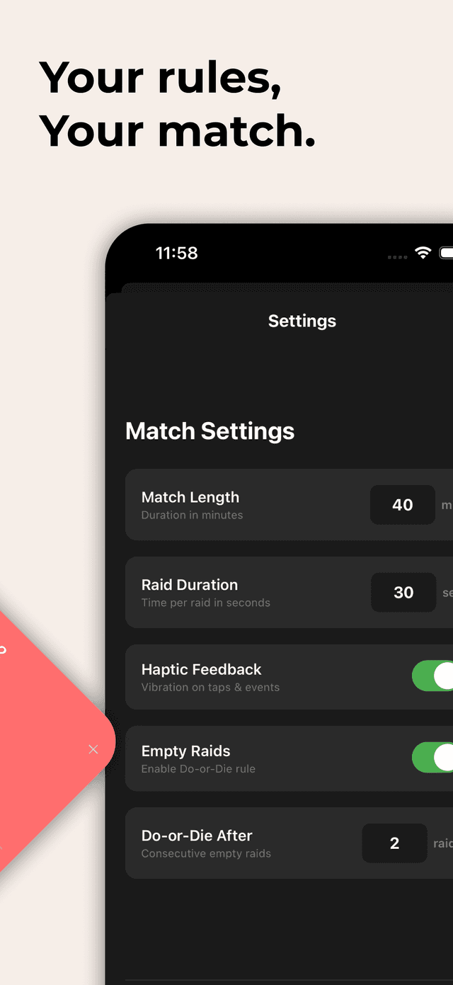 Settings screen with match length, raid duration, and haptic options